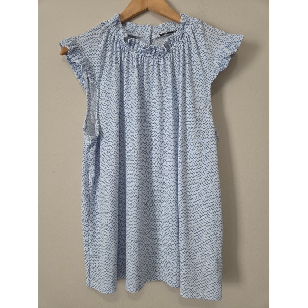 Adrianna Papell Womens XL Blue White Geometric Ruffle Neck Flutter Sleeve Blouse